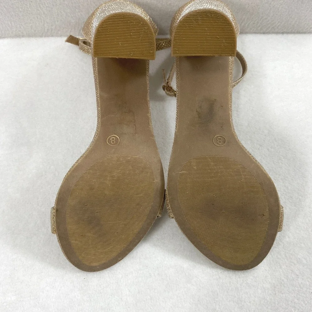 Womens Gold Glitter Ankle Strap Block Heels Size 8 Open Toe Sandals Party Shoes